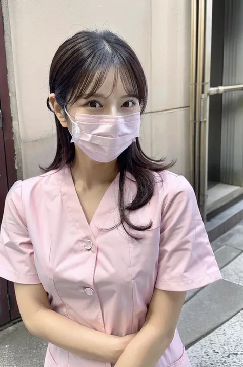 Dental hygienist wearing light pink nurse uniform　Short sleeves Japanese Black hair Early 20s Female　Upper body close-up　smile　Shooting outside　Harmony々　No accessories included