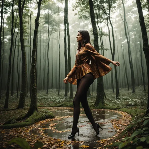 A woman transfer to the leaves like figure dancing on the forest rainy background 