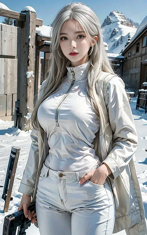 Reality, high resolution, 1 Woman, Solitary,Snow background, Looking at the camera, (Delicate face), White hair, Vest, gun, Jewelry，Finger is blocked，blond hair，Ski down jacket，Down pants，Large fur collar，Beautiful tall woman