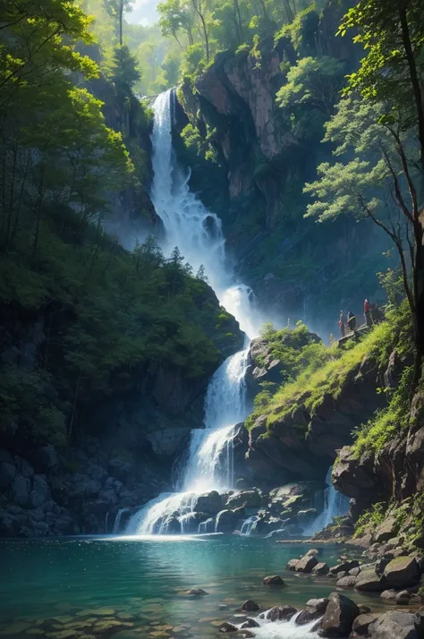 there is a waterfall in the middle of a lush green forest, a portrait by Tadashi Nakayama, shutterstock, renaissance, forest and waterfall, lush and green, waterfall below, with waterfalls, an endless waterfall, water fall, with trees and waterfalls, with ...