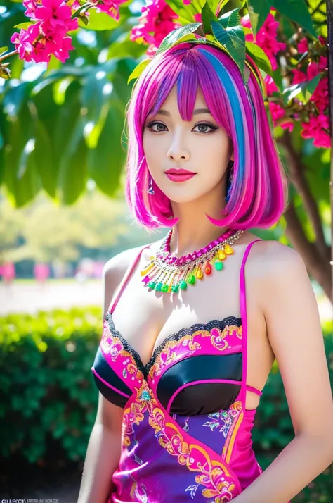 (masterpiece:1.4), (best quality:1.4), ultra high res, ultra high resolution, ((ultra detailed facial features)), HDR, (realistic, photorealistic, photo-realistic:1.37), full body Esbian, sexy Asian woman, vivid colors, ((vivid colors multicolor (fuchsia, ...