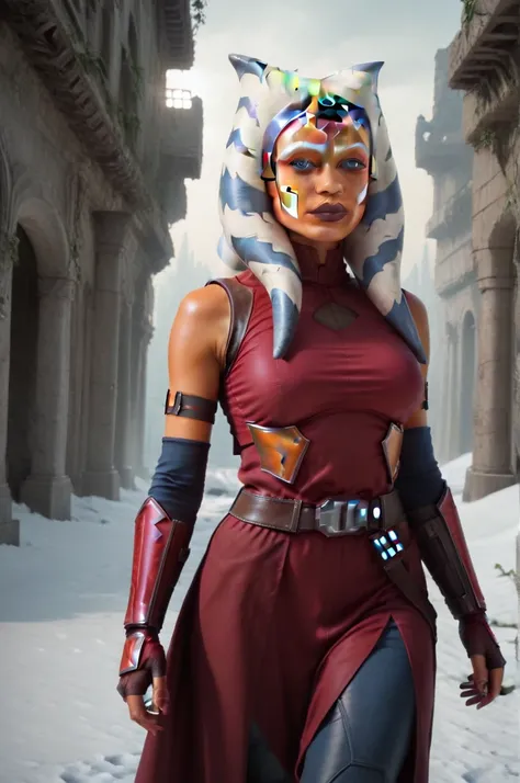 a ((fall body)) ((Ahsoka))) (()) (())mandalorian,walking on snow coverd ruins , ((green fire eyes )) , beautiful detailed eyes, beautiful detailed lips, extremely detailed face, long eyelashes, mandalorian armor, sci-fi, cinematic lighting, dramatic, epic,...