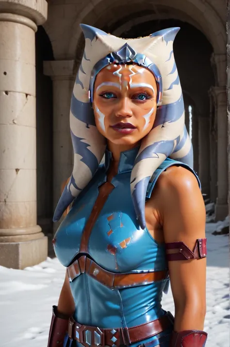 a ((fall body)) ((Ahsoka))) (()) (())mandalorian,walking on snow coverd ruins , ((green fire eyes )) , beautiful detailed eyes, beautiful detailed lips, extremely detailed face, long eyelashes, mandalorian armor, sci-fi, cinematic lighting, dramatic, epic,...