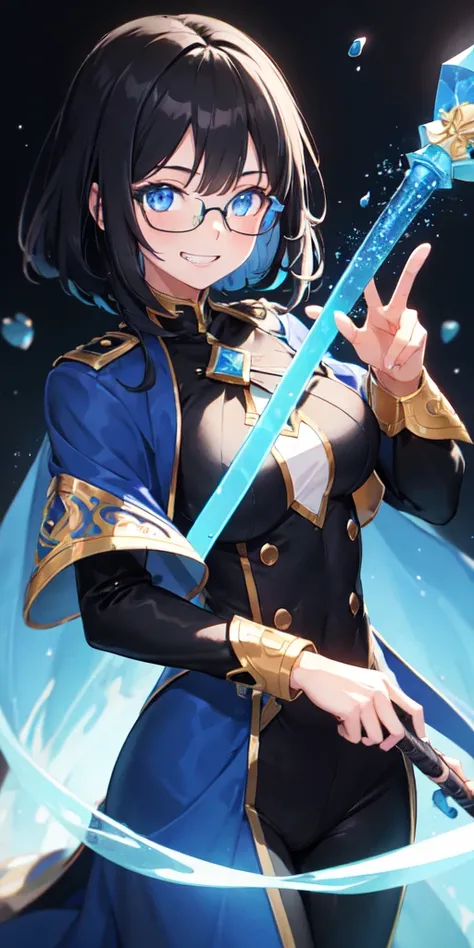 colorful, 1girl, mature, black glasses, grin, black hair, blue eyes, medium breast, staff, holding a staff, blue rain, glow, glowing weapon, water particles, mage uniform, wallpaper, chromatic aberration,