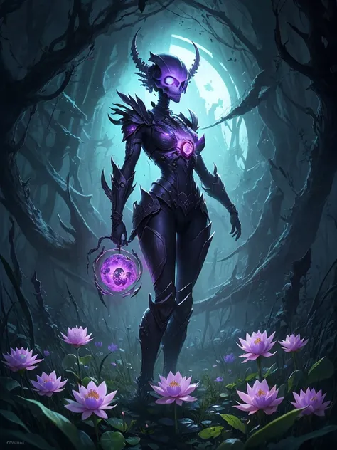 purple flower in a field of dead grass with a skull in the background, black lotus, dark flower shaman, alien flower, lolth, waterlily mecha nymphaea, lotus, 🌺 cgsociety, obsidian pomegranade, aura of power. detailed, alien flora, purple glowing core in ar...