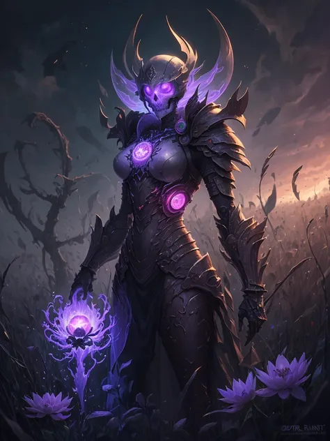 purple flower in a field of dead grass with a skull in the background, concept art by Chris Rahn, deviantart, conceptual art, black lotus, dark flower shaman, alien flower, lolth, waterlily mecha nymphaea, lotus, 🌺 cgsociety, obsidian pomegranade, aura of ...