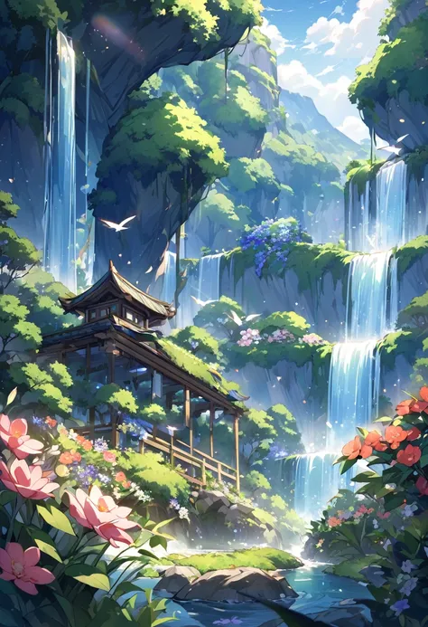 Under the blue sky、A beautiful waterfall surrounded by lush forest。The waterfall sparkles in the sunlight.、Splashes are flying around。Colorful flowers bloom around the waterfall、The chirps of small birds echo through the air.。Mountains in the distance々is a...