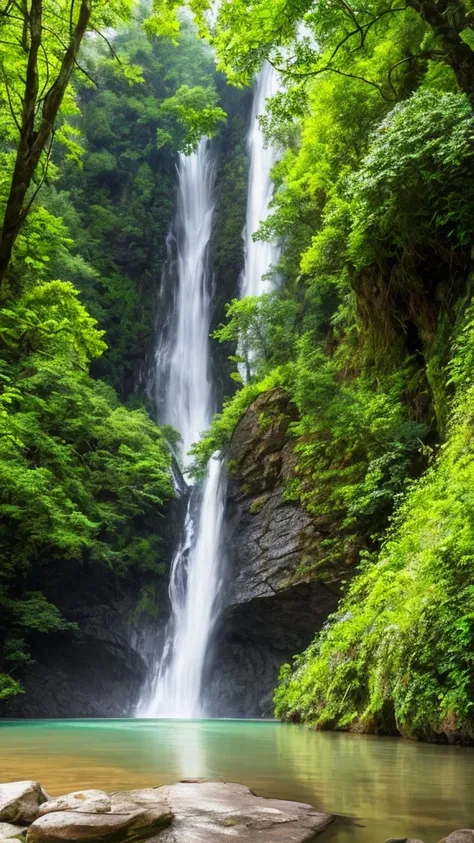 there is a waterfall in the middle of a lush green forest, a portrait by Tadashi Nakayama, shutterstock, renaissance, forest and waterfall, lush and green, waterfall below, with waterfalls, an endless waterfall, water fall, with trees and waterfalls, with ...