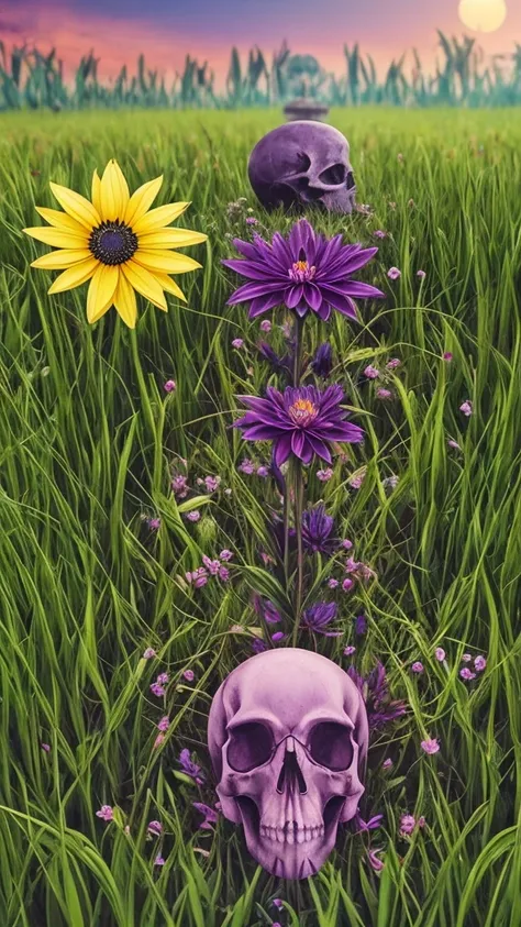 purple flower in a field of dead grass with a skull in the background, black lotus, dark flower shaman, alien flower, lolth, waterlily mecha nymphaea, lotus, 🌺 cgsociety, obsidian pomegranade, aura of power. detailed, alien flora, purple glowing core in ar...