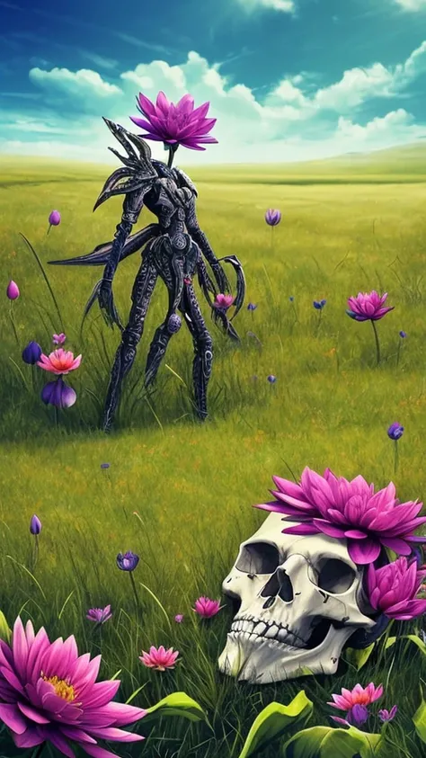 purple flower in a field of dead grass with a skull in the background, black lotus, dark flower shaman, alien flower, lolth, waterlily mecha nymphaea, lotus, 🌺 cgsociety, obsidian pomegranade, aura of power. detailed, alien flora, purple glowing core in ar...