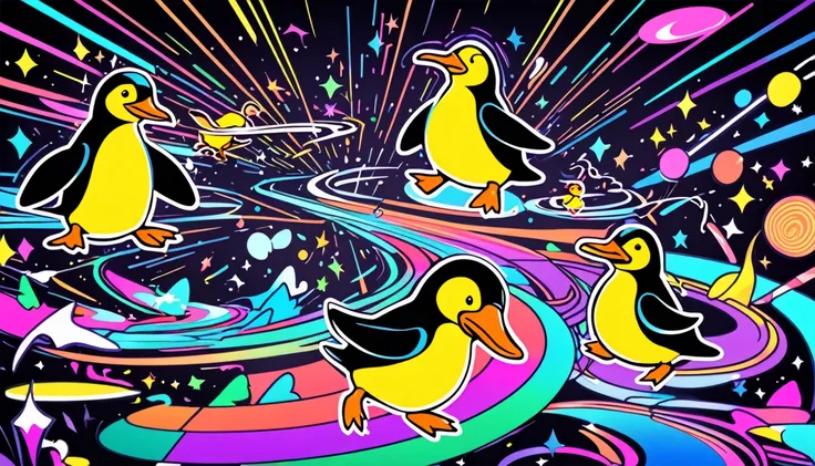 line art, iridescent neon light effect, 2.5D, delicate and dynamic, arguing penguin and duck, poorly drawn cartoon-style images, shading, colorful patchwork of contrast magic