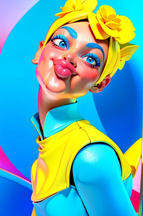 create a 3d illustration, model realisitic, exuberant, woman sofisticaded, really short hair, luxury, realisitic, vivid blue eyes, ninth time, Pixar-style, fashionable,smiling, happy face, yellow flower dress, vivid blue short cut hair, Search for the came...