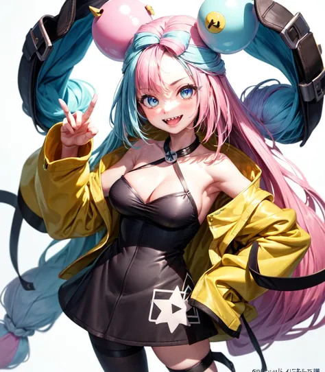 (Highest quality, masterpiece, Very detailedな, Very detailed, Exquisite, 16K,Full HD),(White Background:1.5),、Big Breasts,Pink hair and blue eyes、Yellow Jacket、Please raise your right hand、Lower your left hand、Stand only on your right foot、Raise your left ...