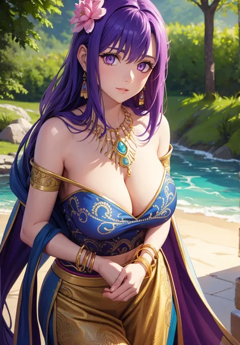 parvati, parvati, long hair, (purple eyes:1.1), purple hair,
BREAK bracelet, flower, hair flower, hair ornament, indian clothes, jewelry, necklace, side slit,
BREAK looking at viewer,
BREAK outdoors,
BREAK (masterpiece:1.2), best quality, high resolution, ...