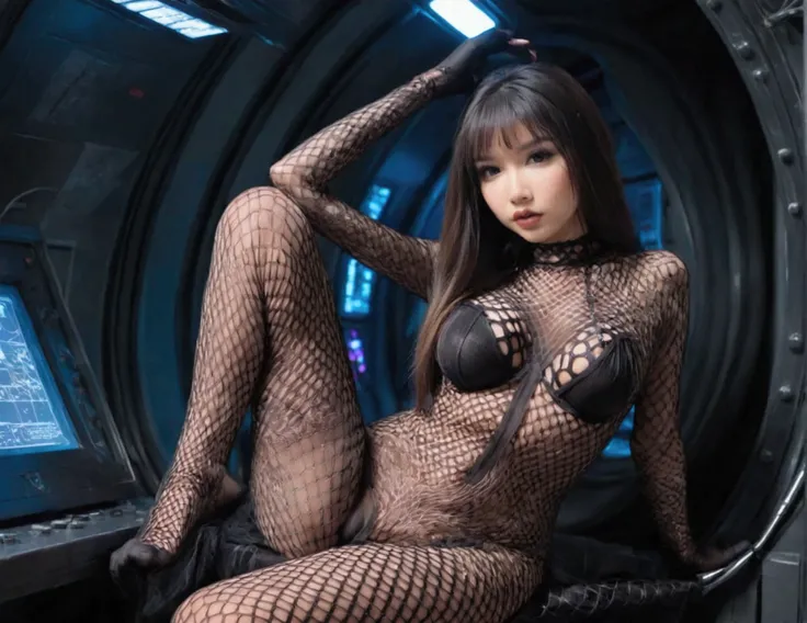 A cute woman (age 25, sheer fishnet body stocking no under wear) is checking systems and consoles on a dimly lit space ship. Sexy poses while working