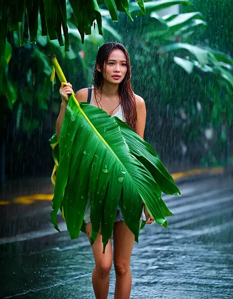 woman walking in the rain holding a banana leaf, long brown hair, wet hairin the rain, standing in the rain, pretty girl standing in the rain, rainy mood, under rain, in a rainy environment, just after rain, wet from rain, rainy day, on a rainy day, rainy ...