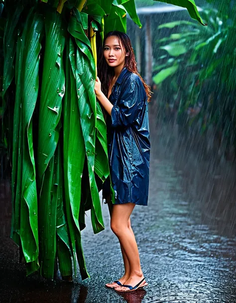 woman walking in the rain holding a banana leaf, long brown hair, wet hairin the rain, standing in the rain, pretty girl standing in the rain, rainy mood, under rain, in a rainy environment, just after rain, wet from rain, rainy day, on a rainy day, rainy ...