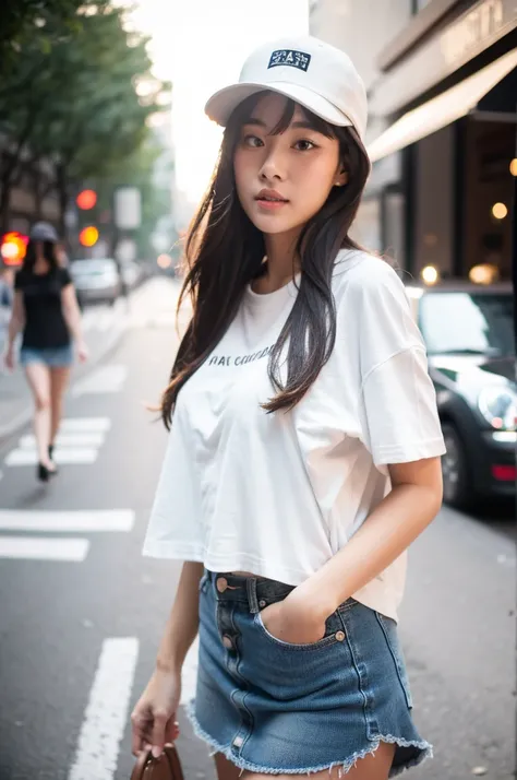 (sfw) safe for work, 8k)), 1 8 yo, 3/4 bust, 30 years old woman, 3 0 years old woman, plain oversize tee shirt, mini denim skirt, wearing hat, busy street, natural light, old photography