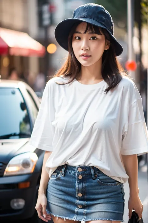 (sfw) safe for work, 8k)), 1 8 yo, 3/4 bust, 30 years old woman, 3 0 years old woman, plain oversize tee shirt, mini denim skirt, wearing hat, busy street, natural light, old photography