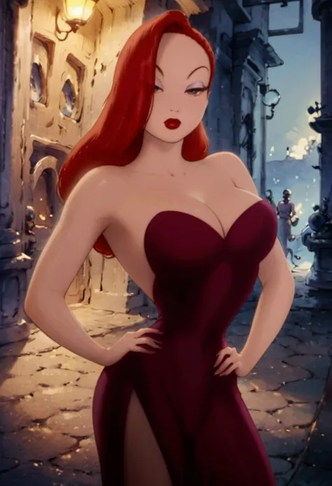 A gorgeous, voluptuous cartoon woman with striking red hair styled in a 1940s-inspired updo. She has a classically beautiful face with large, expressive eyes, long eyelashes, and full red lips. Her figure is curvaceous, accentuated by a tight-fitting, low-...