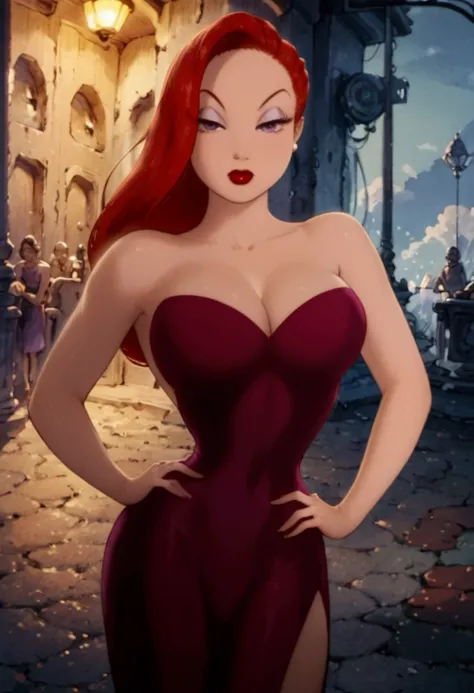 A gorgeous, voluptuous cartoon woman with striking red hair styled in a 1940s-inspired updo. She has a classically beautiful face with large, expressive eyes, long eyelashes, and full red lips. Her figure is curvaceous, accentuated by a tight-fitting, low-...