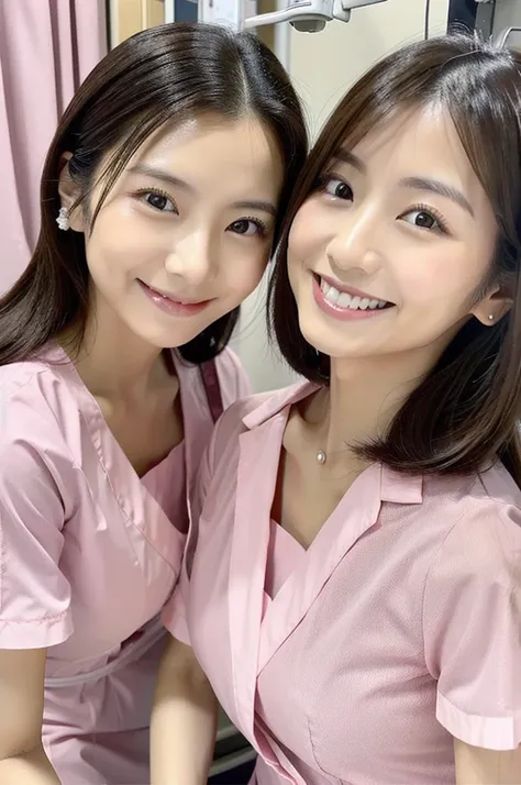 Two or more dental hygienists wearing light pink nurse uniforms　Short sleeves Japanese Black hair Early 20s Female　Upper body close-up　smile　Shooting in a brightly lit hospital　Harmony々　No accessories included 