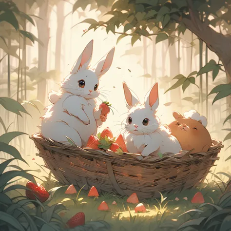 two rabbits eating strawberries in a basket in the grass, a storybook illustration by Beatrix Potter, shutterstock, hudson river school, style of beatrix potter, bunnies, richard scarry, vintage illustration, rabbits, cute storybook illustration, by rainer...