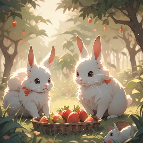 two rabbits eating strawberries in a basket in the grass, a storybook illustration by Beatrix Potter, shutterstock, hudson river school, style of beatrix potter, bunnies, richard scarry, vintage illustration, rabbits, cute storybook illustration, by rainer...