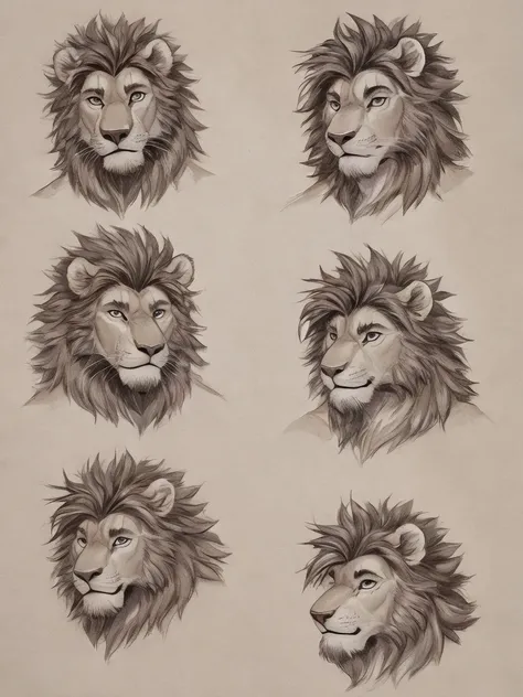 (high quality, highres, anime style), male, lion, jock, masculine jawline, hunk, seductive, closeup, short curtain hairstyle, curtain haircut, drawing, multiple headshots, sketches, six headshots, combed back top hair, looking directly at viewer, front vie...