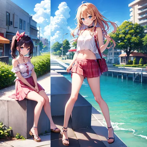 Beautiful anime girl, young, summer vacation lookbook, must be only one girl on photo