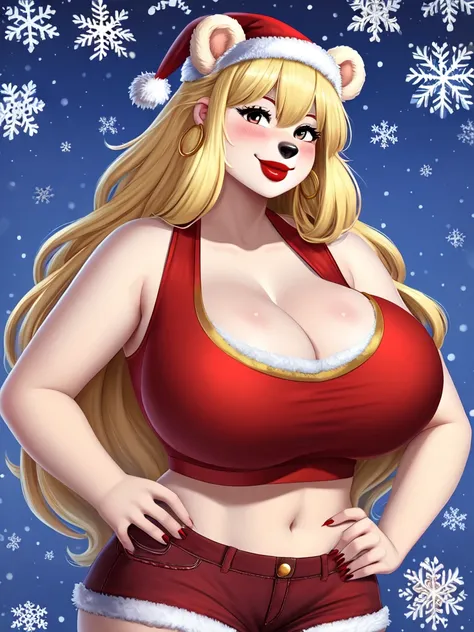 Polar bear woman, wearing a Christmas crop top and jean shorts, perfect face, cleavage, three-quarter view, solo, smile, perfect detailed body, red lipstick, gold earring, hand on hips, Blonde Hair, Long Hair, Solo, 1girl, Blush, Large breasts, Bear Ears, ...