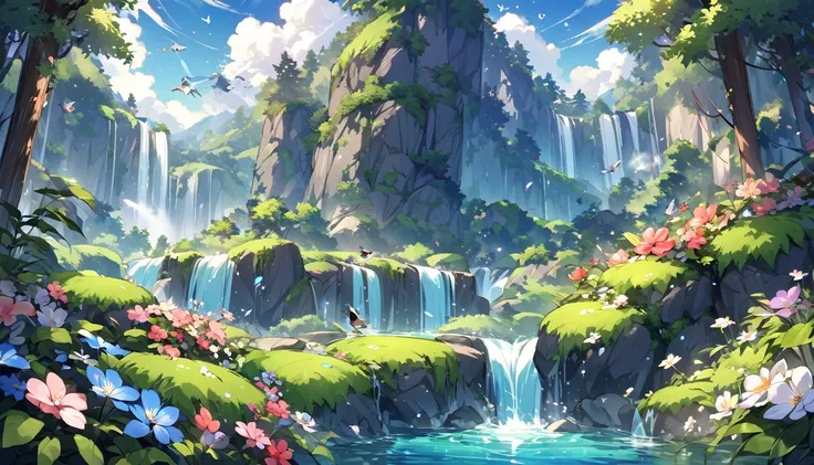 Under the blue sky、A beautiful waterfall surrounded by lush forest。The waterfall sparkles in the sunlight.、Splashes are flying around。Colorful flowers bloom around the waterfall、The chirps of small birds echo through the air.。Mountains in the distance々is a...