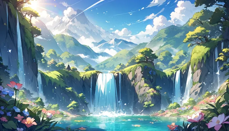 Under the blue sky、A beautiful waterfall surrounded by lush forest。The waterfall sparkles in the sunlight.、Splashes are flying around。Colorful flowers bloom around the waterfall、The chirps of small birds echo through the air.。Mountains in the distance々is a...