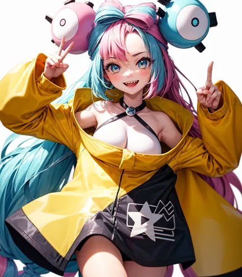 (Highest quality, masterpiece, Very detailedな, Very detailed, Exquisite, 16K,Full HD),(White Background:1.5),、Big Breasts,Pink hair and blue eyes、Yellow Jacket、Please raise your right hand、Lower your left hand、Stand only on your right foot、Raise your left ...