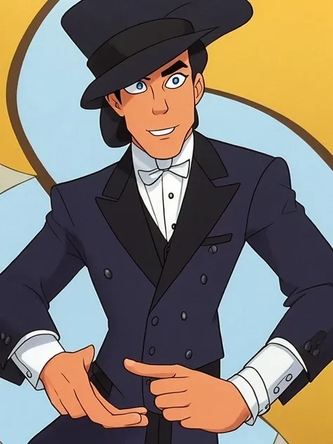 a closeup of a cartoon character wearing a black suit, from the hit 90s cartoon TV show "The Mascara". In a wedding suit pointing his thumb to the left