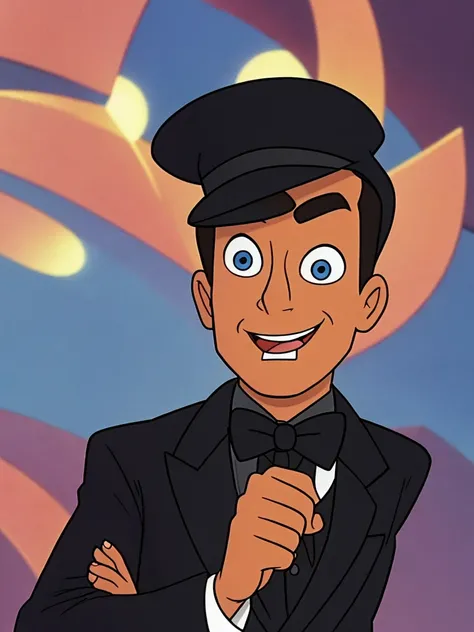 a closeup of a cartoon character wearing a black suit, from the hit 90s cartoon TV show "The Mascara". In a wedding suit pointing his thumb to the left