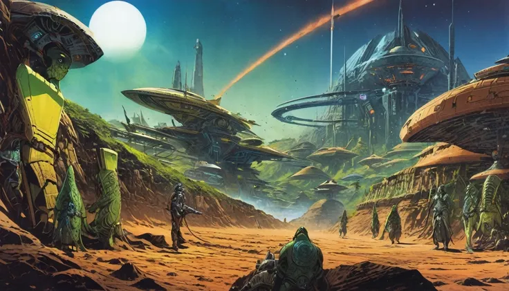 sci-fi artwork, beautiful lighting, hires scan, highly detailed illustration of a lot of 5characters from (Heavy Metal Magazine), there are five Atlantean reptilian warriors in a row with a starship in the background, female features, green skin, yellow ey...