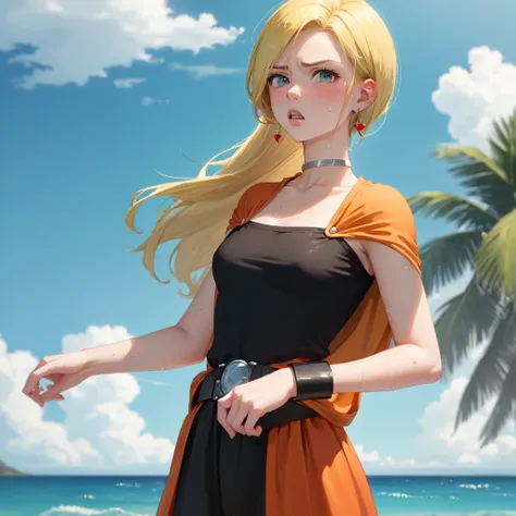 (masterpiece,Best,quality:1.3), masterpiece, Highest quality, DQ Bianca, 1 person, Single Blade, Earrings, choker, Orange Cape, Green Dress, belt, Small breasts, 1 personで, Upper Body, hot, Sweating a lot, Wipe away sweat, looking at the camera, Ocean, In ...