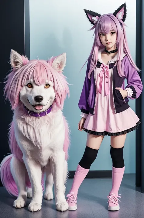 horrific yandere style full body kawaii pastel goth girl with pink and purple medium wolf cut shaggy length hair, with pinkish white skin, larger floppy dog ears and a fluffier tail, with a collar, mismatched socks with paw prints, in studio ghibli art sty...