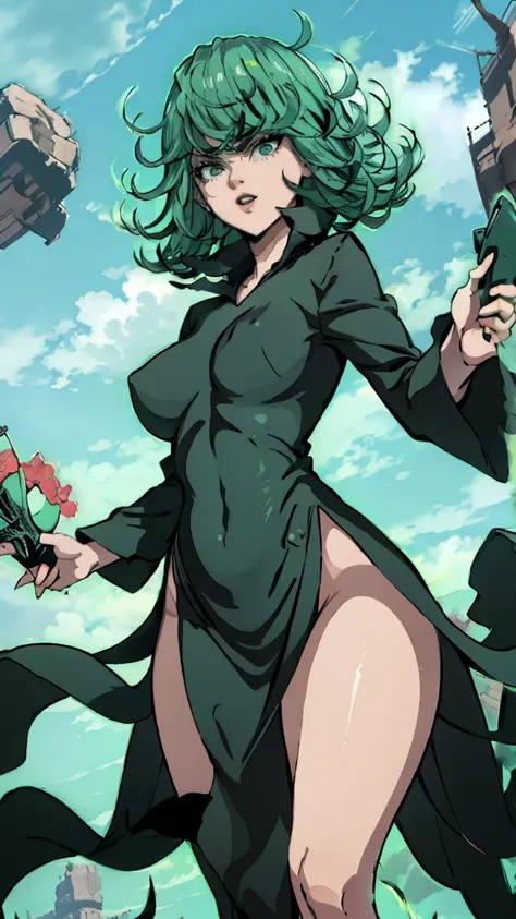 (Best quality, 8 K, 12), 1 girl, Tatsumaki, short hair, green hair, huge breasts, , perfect body, ultra detailed face, detailed lips, Thin eyes, dress, costs, tempting, excited, bulging areolas, Couple, from below