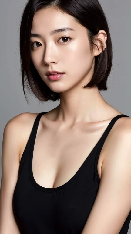 (Highest quality, 8k, 32K, masterpiece, Ultra-high resolution:1.2),Beautiful Japanese Women Photos, Small breasts, Very short bob hair,Upper Body,Face Focus,Black tank top, Simple Background, View your viewers,
