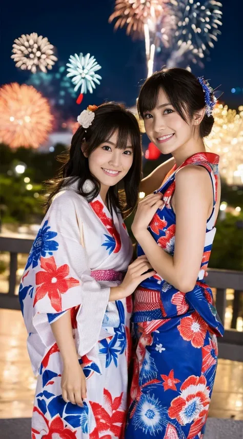 masterpiece，Highest quality，Ultra-high resolution，Extremely detailed，night，Fireworks display，Two Girls，cute，Clear，yukata，Commemorative photo with fireworks in the background，Hyper Quality