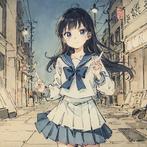 Detailed illustrations, Bright colors, Highest quality, masterpiece, Beautiful girl、cute、とてもcute、(Sailor suit、navy_Blue Long Pleated Skirt:1.1), Winters、purely、Neon City、nostalgic、Making a peace sign、night