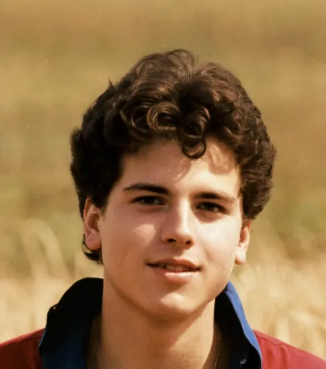 sharp young man in red shirt and blue shirt standing in a field, Stephen Bauman, about 19 years old, Michael Pangrazio, Michael Bair, greg rutowski, Jeremy Elbertson, David Rubin, taken in the late 1980s, Kenny Schar, he has short curly brown hair, Matthew...