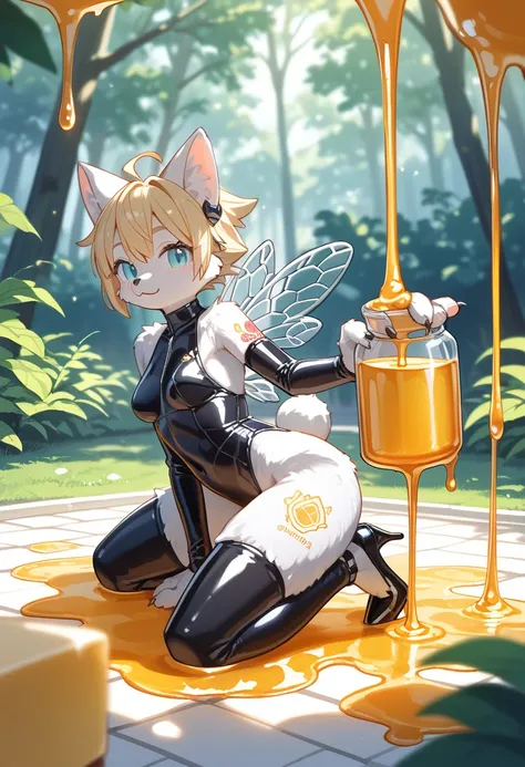 Highest quality, Highest quality, High quality illustrations, masterpiece, Ultra-high resolution, Detailed Background, honeycomb, in the forest, Absurd, Perfect Anatomy, performance, Good lighting, Shadows in the movies(kemono, Furry PersonifiCation), Cat,...