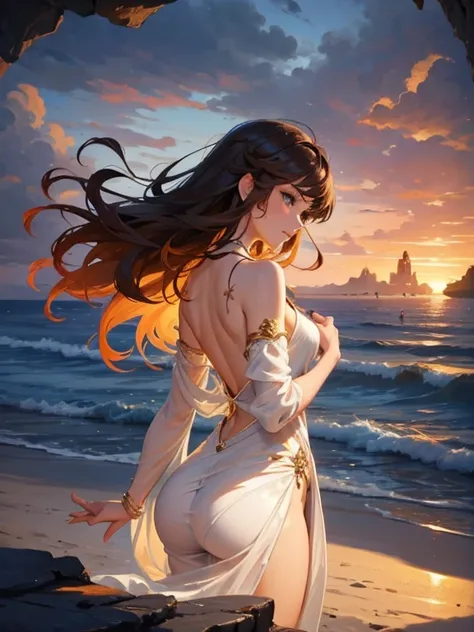 a captivating anime-inspired scene of a stunningly beautiful young woman meditating serenely at the edge of the atlantic ocean s...