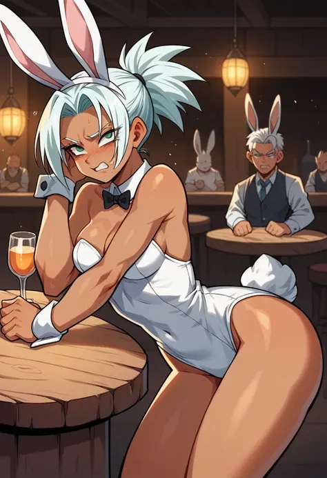 1girl, alone, Saiyan, spiky white hair , green eyes, slim, thin waist, wide hips, dark skin, medium breasts, bunny ears , bunny tail, white bunny suit, the girl is in a tavern,sensual,  sensual position, suffering abuse, suffering harassment, abused, haras...