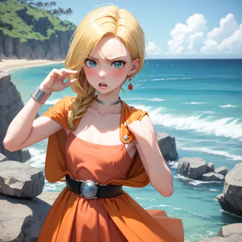 masterpiece, Highest quality, DQ Bianca, 1 person, Single Blade, Earrings, choker, Orange Cape, Green Dress, belt, Small breasts, 1 personで, Upper Body, hot, Sweating a lot, looking at the camera, Ocean, beach, Rock Shade, Kiss pose, angry