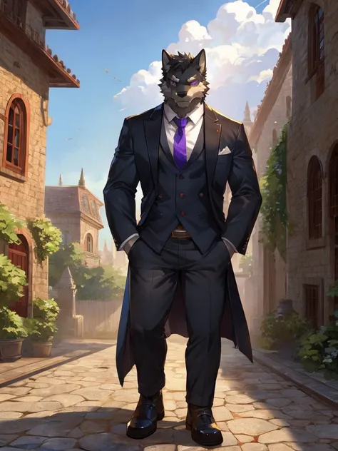 embedding:black wolf, male,purple eyes,Scar on the face, scar on the body,Single person,Smart posture, smart expression,father,Majestic, Manor style architecture,Just got off at the gate of the manor.Tall, mature,father，A modern manor,In the courtyard,Grav...