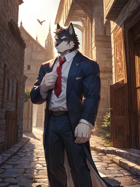 embedding:black wolf, male,purple eyes,Scar on the face, scar on the body,Single person,Smart posture, smart expression,father,Majestic, Manor style architecture,Just got off at the gate of the manor.Tall, mature,father，A modern manor,In the courtyard,Grav...